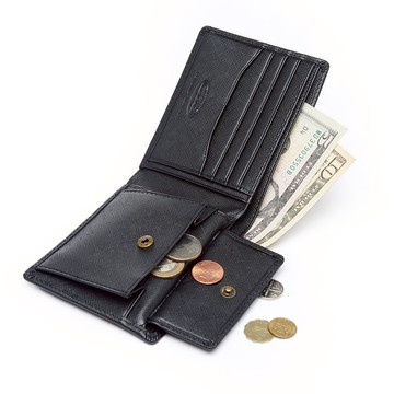 【FOCUS】真皮RFID防盜簡約4卡零錢袋男短夾_十字紋黑 (FHB2825)