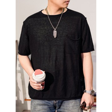 亞麻圓領短袖T-SHIRT 輕薄舒適 棉麻 口袋針織短T 上衣 不分性別