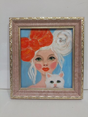 女孩與白貓繪畫原創藝術肖像藝術可愛女孩油畫