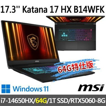 MSI微星 Katana 17 HX B14WFK-203TW 17.3吋 電競筆電 (i7-14650HX/64G/1T SSD/RTX5060-8G/Win11-64G特仕版)