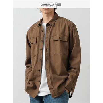 純團美式340G重磅工裝襯衫男士秋季潮牌寬松純色復古夾克外套長袖