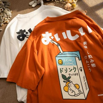 [HYC] 日系 夏日 橙汁汽水 貓貓 INS風 復古 印花 短袖 T恤 男女不拘 情侶 寬鬆 上衣 五分袖 原宿風