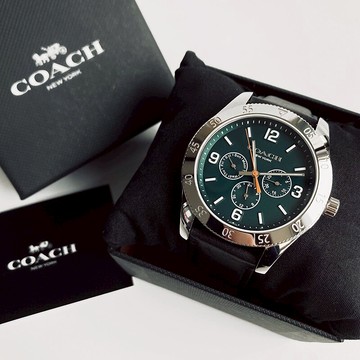 美國百分百【全新真品】Coach 手錶 C6532 配件 馬車 男錶 時尚 三眼 皮革錶帶 綠色鏡面 黑色 BO91