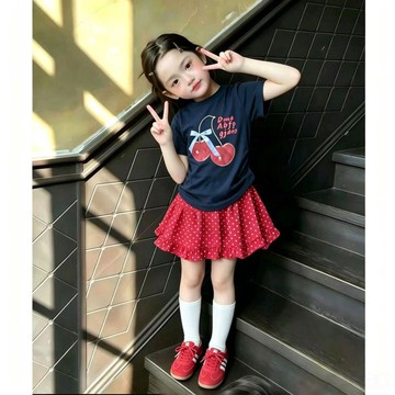 Mini baby🌷女童韓版套裝夏季兒童深藍色櫻桃印花短袖t恤寶寶波點裙