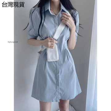 特價🈶夏季新款短袖收腰連衣裙女 a字收腰短裙 2026新款裙子 小個子收腰顯瘦簡約時尚 polo領短袖a字型短裙子ぃ