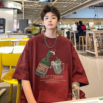 美式重磅酒紅色t恤男夏季fog高街短袖設計感小眾七分半袖潮牌潮流