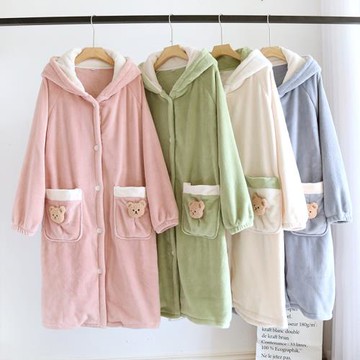 珊瑚絨睡袍女冬季加絨加厚卡通大碼連帽網紅洗澡浴袍連體睡衣睡裙
