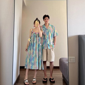 情侶裝2026夏季油畫吊帶裙海邊度假風沙灘裙一裙一衣