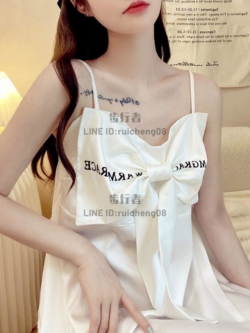 睡裙女睡衣夏季吊带高档性感款纯欲风白色蝴蝶结高级感家居服P【步行者戶外生活館】