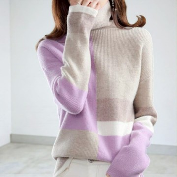 GOFO 針織毛衣 韓系穿搭 顯瘦 拼接撞色 高領長袖 冬天女裝 女生 冬季服飾 保暖 秋季 內搭打底衫 不刺膚