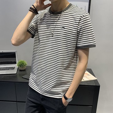 短袖t恤男士夏季韓版潮流條紋上衣棉質男生衣服潮牌2022新款男裝