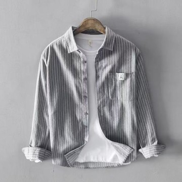 高檔免燙寬松版長袖工裝襯衫男裝外套夏季防曬襯衣男士條紋上衣服