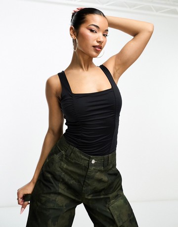 Abercrombie & Fitch square neck ruched bodysuit in black