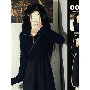 秋冬法式赫本風高級感黑色釣系約會連衣裙子秋冬2025新款女裝長裙