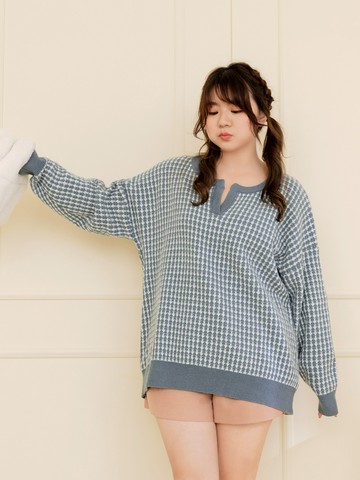 北極絨雙色針織小V領上衣