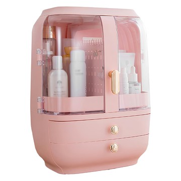 德利生活 蛋型化妝品收納箱 粉色 雙層抽屜設計 透明翻蓋 方便取用 多功能收納  1個