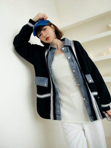 假兩件翻領牛仔拼接針織外套