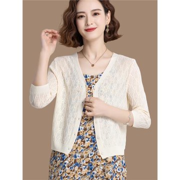 桑蠶絲針織開衫女夏薄款吊帶連衣裙外搭罩衫短款外套鏤空冰絲上衣