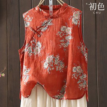 初色 新中式復古碎花印花立領盤扣斜襟無袖寬鬆馬甲背心襯衫上衣女上衣-共2色-14339(M-2XL可選)