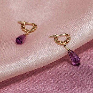 【PurpleMay Jewellery】純18K黃金復古天然紫水晶耳墜耳鉤 - E06