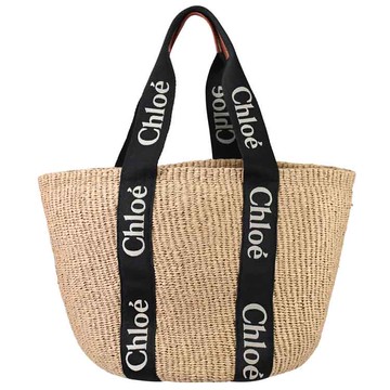 CHLOE Woody 經典織帶草編肩背托特包.黑邊