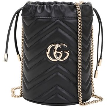 GUCCI 古馳 GG Marmont 山形縫線拋光銀鍊帶水桶包(黑色)