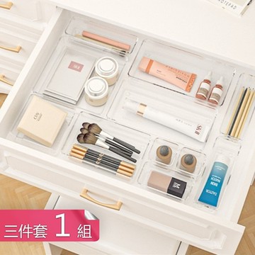 【荷生活】高透PET材質抽屜分類敞口收納盒 波點防滑文具化妝品置物盒-三件套組(G+C+C)
