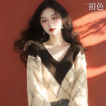 初色 拼色菱形格紋V領長袖針織衫上衣女上衣-米色-38784(F可選)