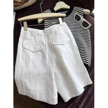 日系復古白色棉麻西裝短褲女夏季薄款高腰a字亞麻闊腿中褲五分褲