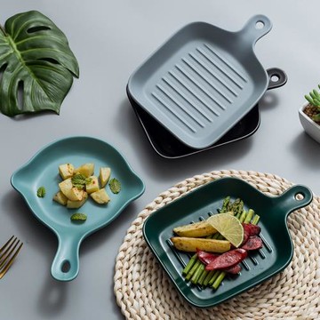 北歐啞光帶柄烘焙早餐盤新品陶瓷