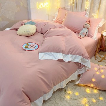 床上用品四件套床單被套三件套學生宿舍單人花邊被罩藍色純色床裙