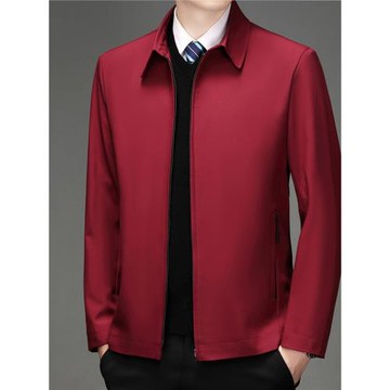 高品質潮款春秋男士紅色夾克衫中年外套男商務翻領加絨上衣爸爸裝