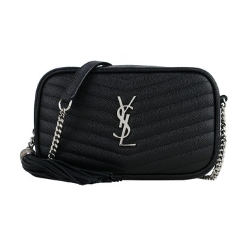 YSL V字縫線魚子醬牛皮金屬LOGO流蘇相機包（銀x黑） _廠商直送