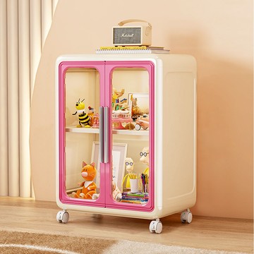 【AOTTO】奶油撞色附輪可疊加雙開門收納櫃-奶油粉(AL-217P)