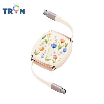 TRON 100W Type-C 伸縮快充線 1M 奶茶色 植物花卉-2 4檔長度調整 可充筆電 適用i15以上手機 平板