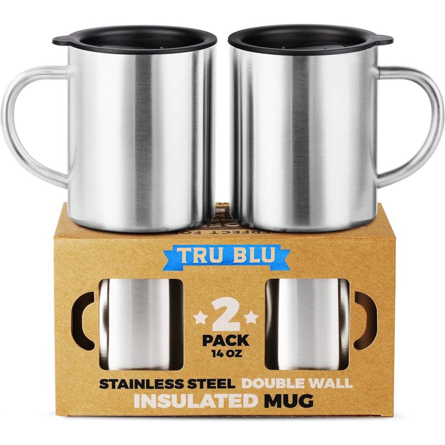 Stainless Steel Coffee Mug with Lid  Set of   14 oz Premium Double Wall Insulated Travel Cup  Metal Mug with Handle   Shatterproof  BPA Free  Dis