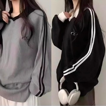 AKARA慵懶寬鬆運動風羅紋polo領長袖上衣(穿上顯瘦有感/中大尺碼到4XL)