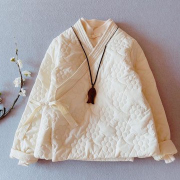 中式斜襟系帶夾棉純色棉服女文藝復古立體花朵寬松棉襖保暖外套冬