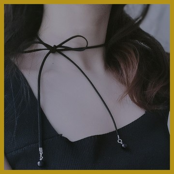 黑色珍珠吊墜 Choker蝴蝶結抽繩鎖骨鏈項鍊