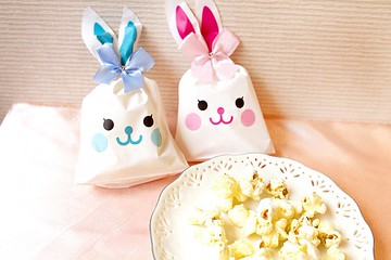 (DIY裝入)可愛長耳朵微笑兔子爆米花(附袋+焦糖爆米花+蝴蝶結)