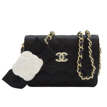 CHANEL 香奈兒 黑色 緞面布料 菱格紋 Camellia Bow 肩背包 金扣