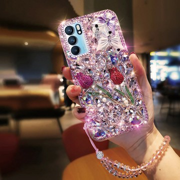 潮牌透明鑲鑽玫瑰適用OPPORENO6手機殼5g女5Pro+新款7se高級感9Pro全包10Pro十防摔k11x曲面屏opop保護套a95