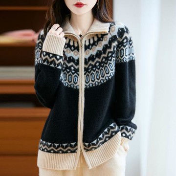 BRIGA D399011設計師名媛費爾島提花山羊毛開衫女厚款針織毛衣外套