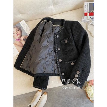 黑色小香風羽絨服女冬季2024新款高端法式氣質精致鵝絨服內膽外套