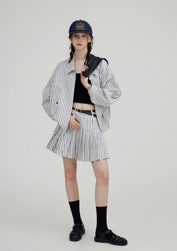 nordic北歐復古 懶人穿搭夾克型襯衫外套 百褶裙短褲套裝