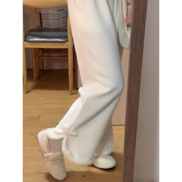 秋冬國風米白色褲子旗袍漢服連衣裙內搭外穿長褲百搭針織闊腿褲子