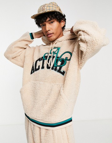 ASOS Actual co-ord oversized hoodie in teddy borg with applique logo and tipping in neutral