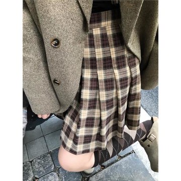 日系學院風棕色百褶短裙女春季毛呢格子半身裙A字裙圣誕格紋裙褲