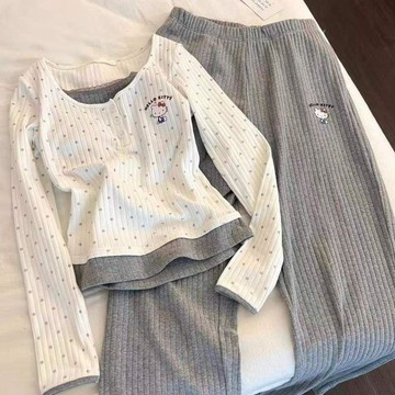 Xuan♥睡衣女甜美可愛kitty貓假兩件帶胸墊休閒長袖長褲家居服