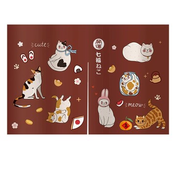 日式短門簾 開運七福貓  咖啡色  88 x 60cm